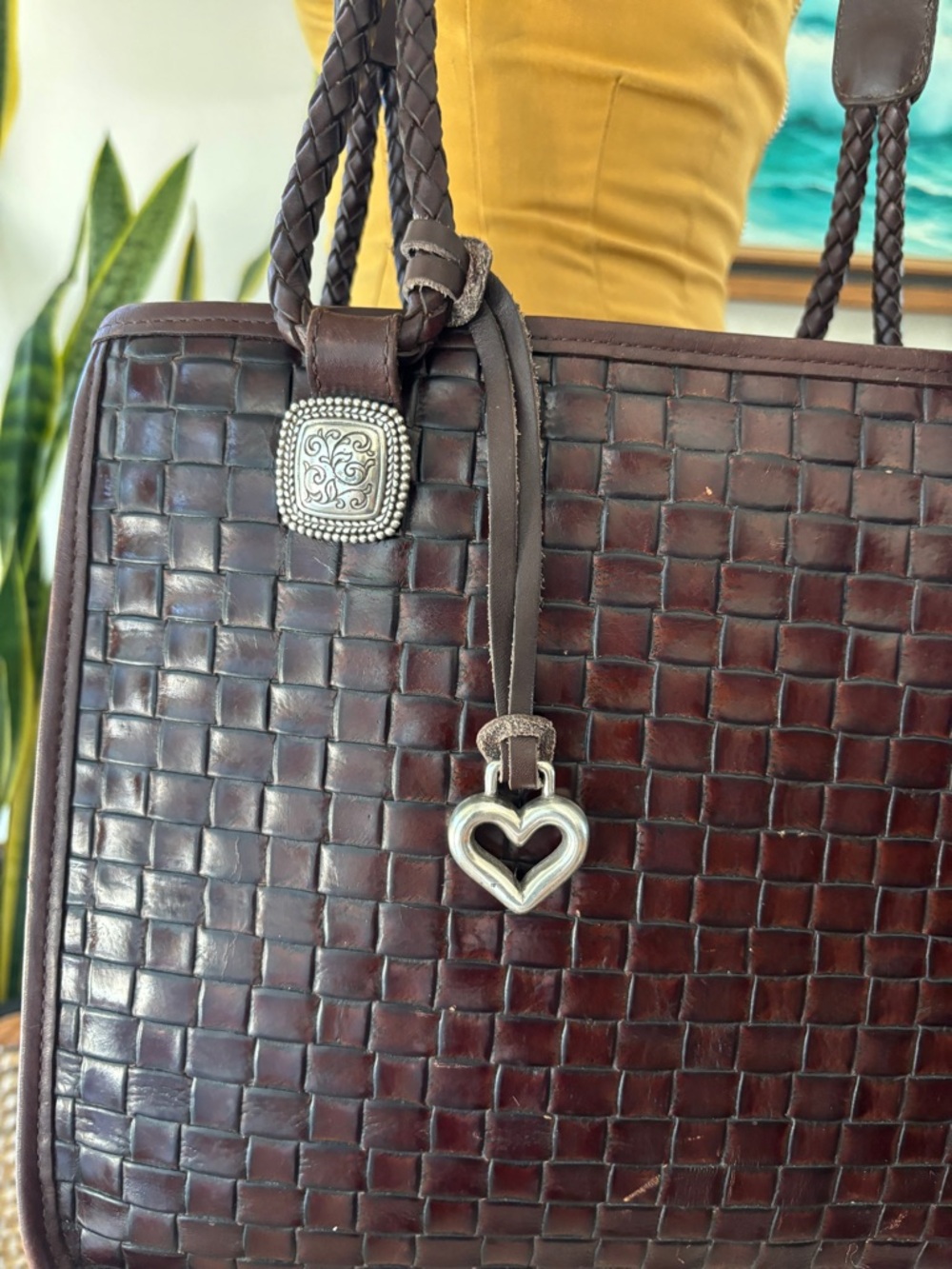 Dark Brown Brighton Woven Leather Tote Bag with Braided Handles & Heart Charm - Picture 3 of 15